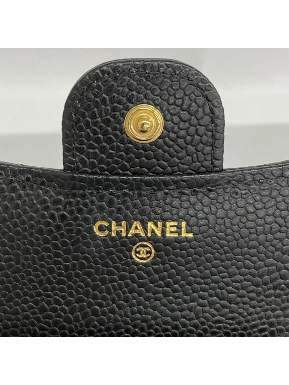 Chanel Trifold Wallet Quilted Caviar Leather Black Gold